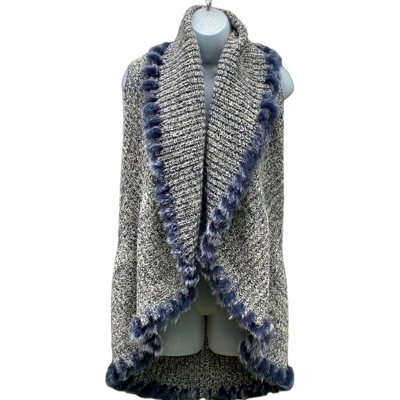 FDJ French Dressing Jeans Blue Gray Marled‎ Knitted Vest Rabbit Fur Trim S / M - Picture 1 of 10